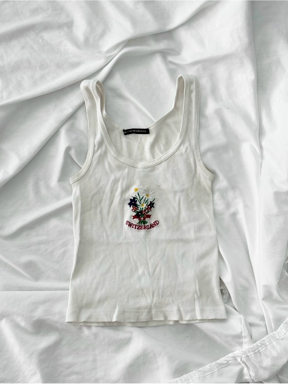Brandy Melville White Ribbed Tank with 'Switzerland' Floral Embroidery